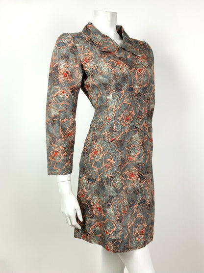 VINTAGE 60s 70s BLUE GREY ORANGE RED LEAF FLORAL ROSE SHIRT DRESS 10 12