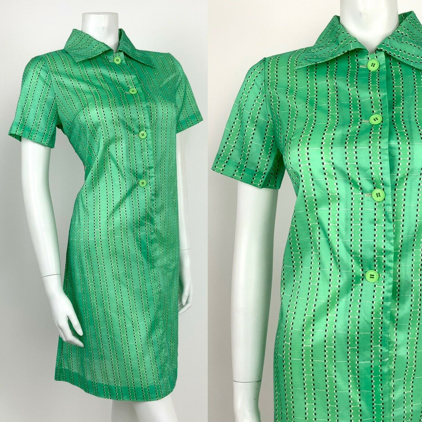 VINTAGE 60s 70s APPLE GREEN BLACK WHITE GEOMETRIC SQUARE TILE SHIRT DRESS 10