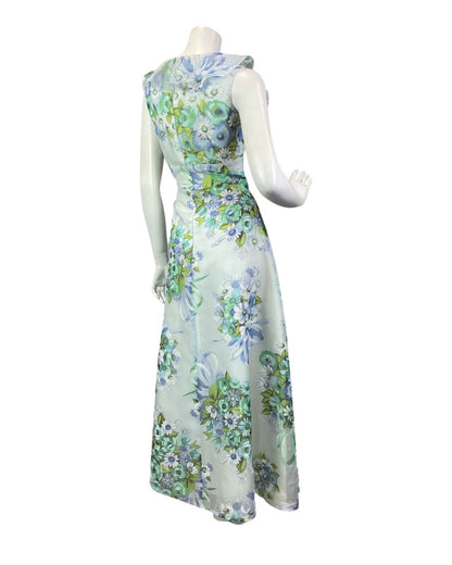 VINTAGE 60s 70s BLUE GREEN WHITE FLORAL BOUQUET RUFFLED SUMMER MAXI DRESS 8 10