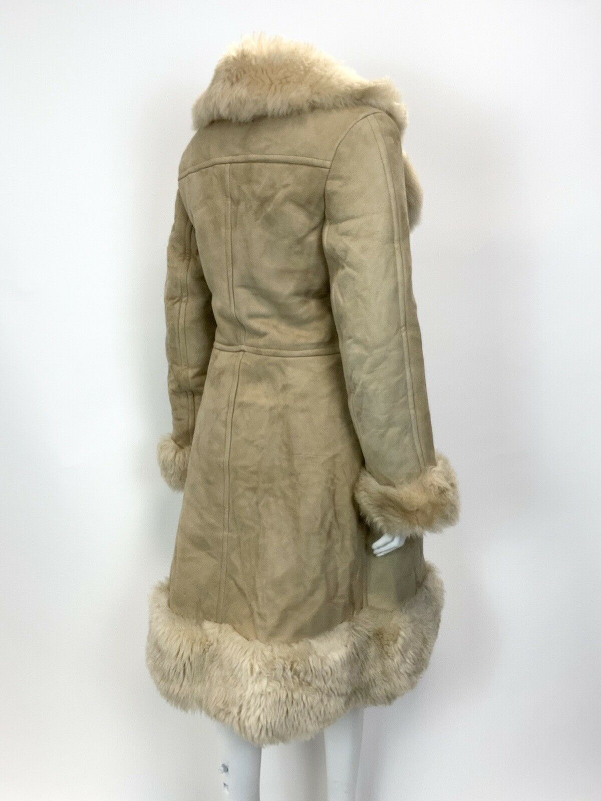 VINTAGE 60s 70s SAND BEIGE DOUBLE-BREASTED BOHO MOD SHEARLING PRINCESS COAT 14