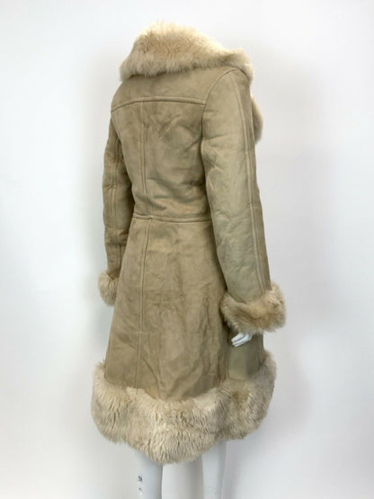 VINTAGE 60s 70s SAND BEIGE DOUBLE-BREASTED BOHO MOD SHEARLING PRINCESS COAT 14