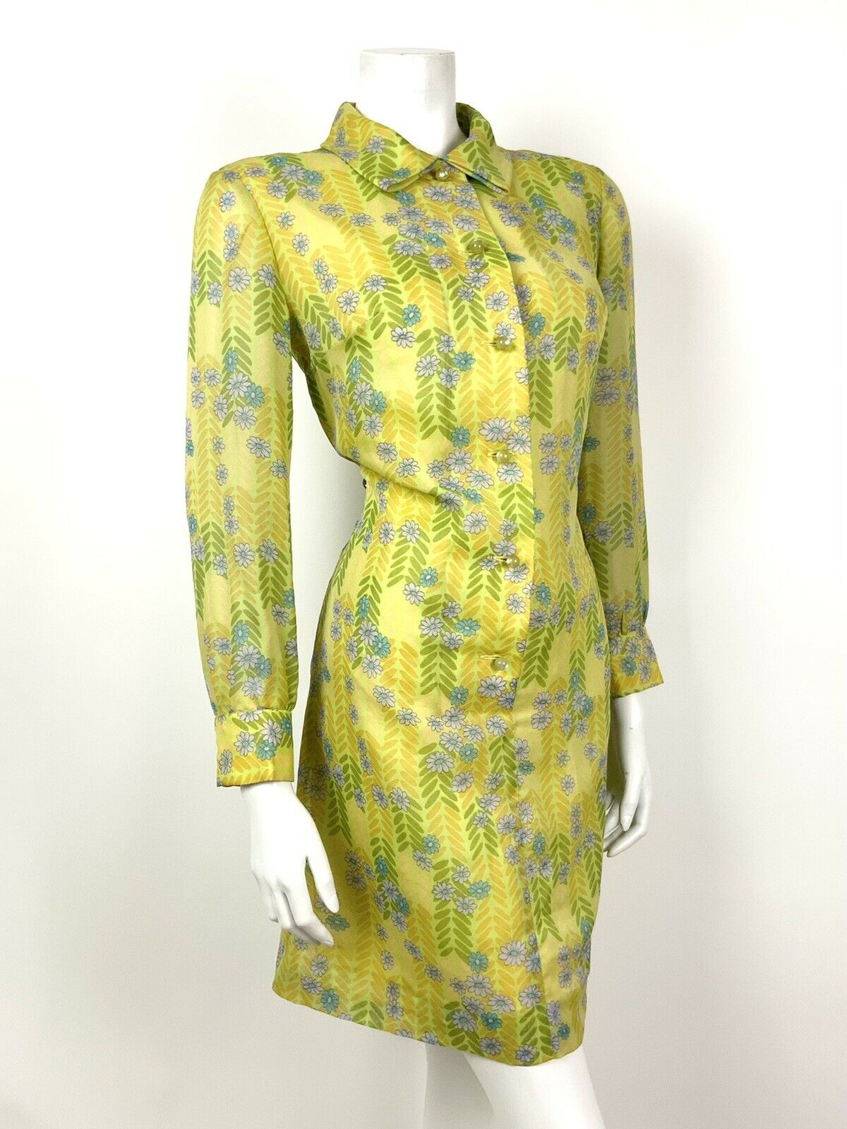 VINTAGE 60s 70s LIME GREEN LILAC BLUE HERRINGBONE FLORAL DAISY SHIRT DRESS 10 12