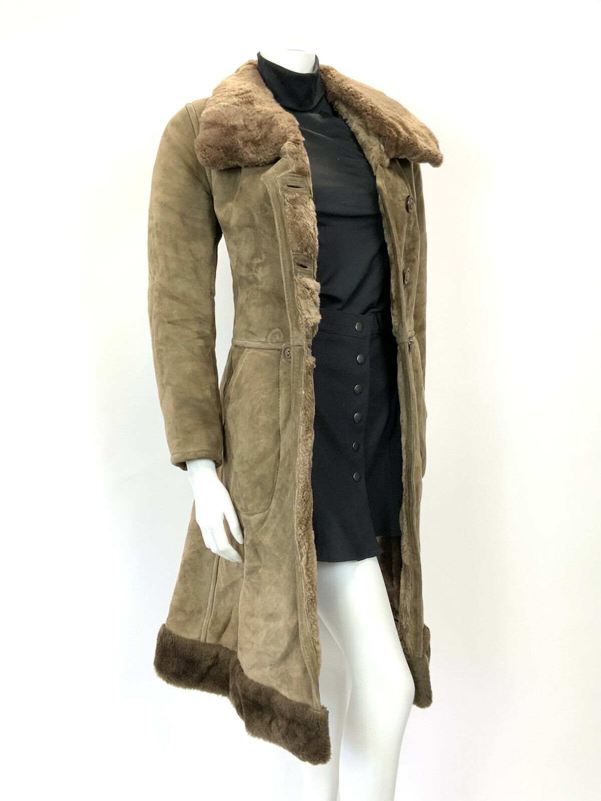 VTG 60s 70s PEANUT BROWN SHEARLING SUEDE DOUBLE-BREASTED PRINCESS SWING COAT 10