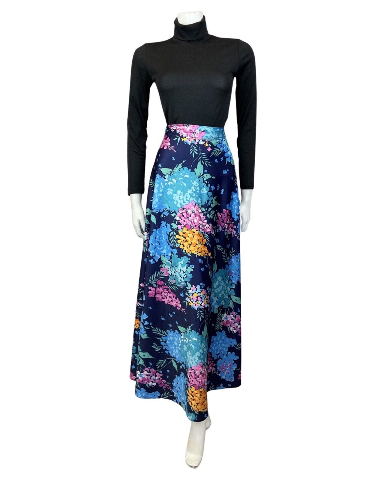 VINTAGE 70s BLUE PINK YELLOW PSYCHEDELIC FLORAL WRAP MAXI SKIRT 12 14