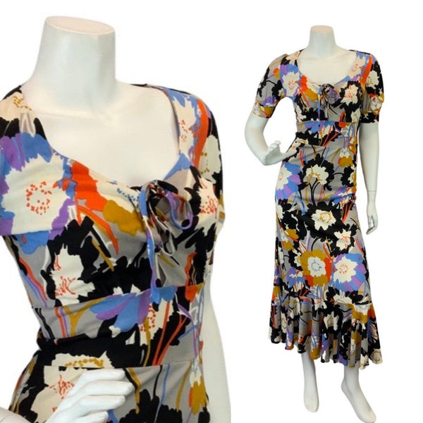 VINTAGE 60s 70s BLACK WHITE BLUE PSYCHEDELIC FLORAL RUFFLE MOD MIDI DRESS 6