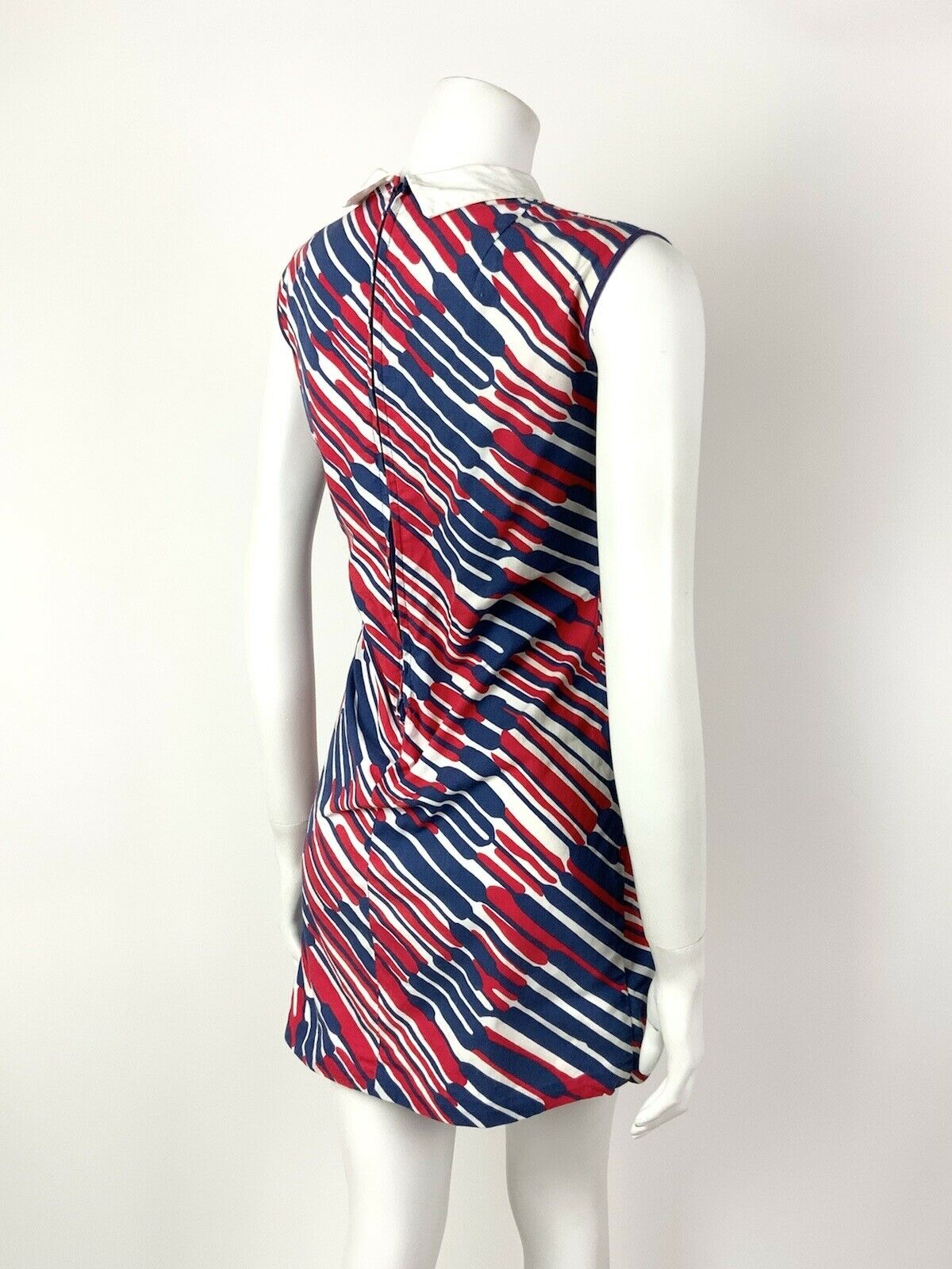 VINTAGE 60s 70s BLUE RED WHITE STRIPED DAGGER COLLAR MOD MINI SHIFT DRESS 8 10