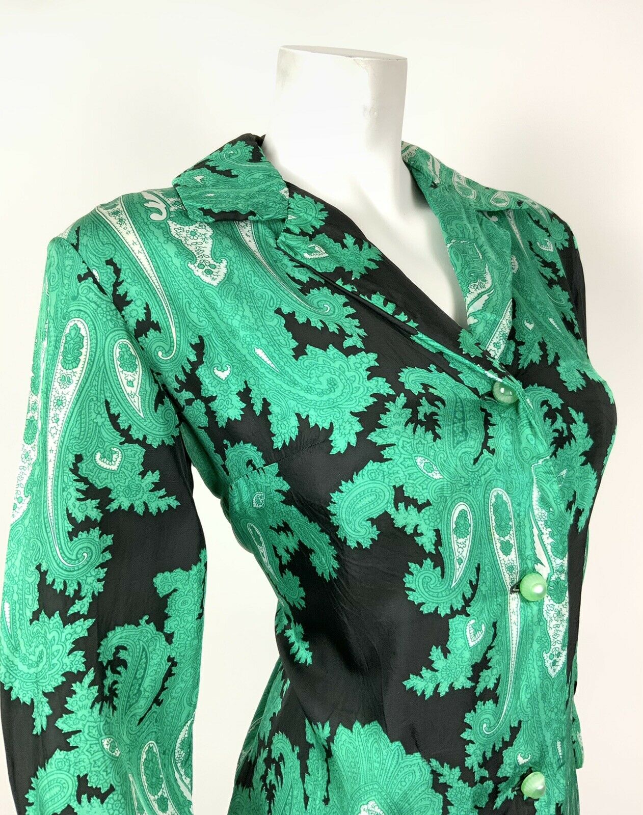 VINTAGE 60s 70s BLACK GREEN WHITE FLORAL PAISLEY PSYCHEDELIC SHIRT DRESS 10 12