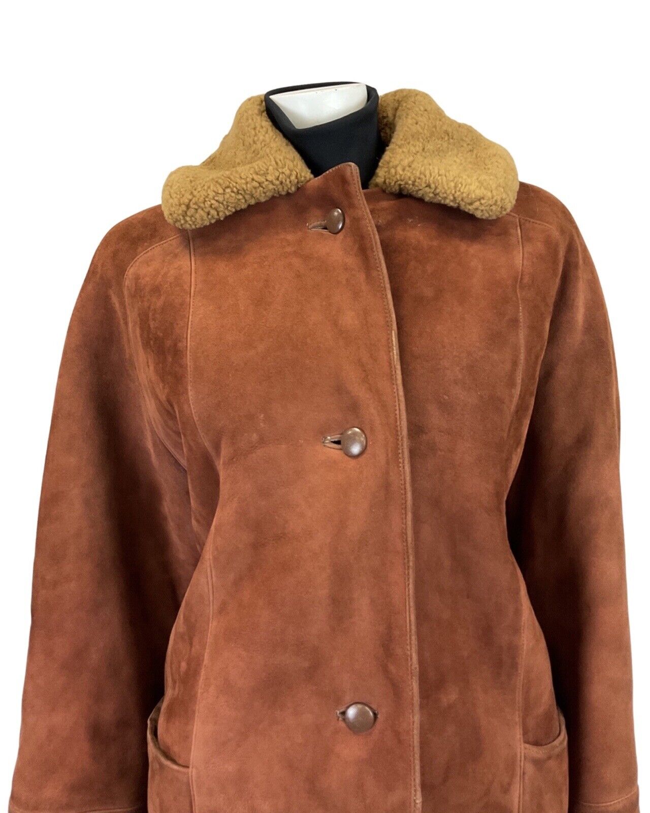 VINTAGE 60s 70s RUSSET BROWN SUEDE LEATHER SHEARLING LONG COAT 16 18