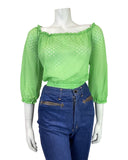 VINTAGE 70s APPLE GREEN DIAMOND RUFFLED SHEER BOHO PRAIRIE BLOUSE 10 12