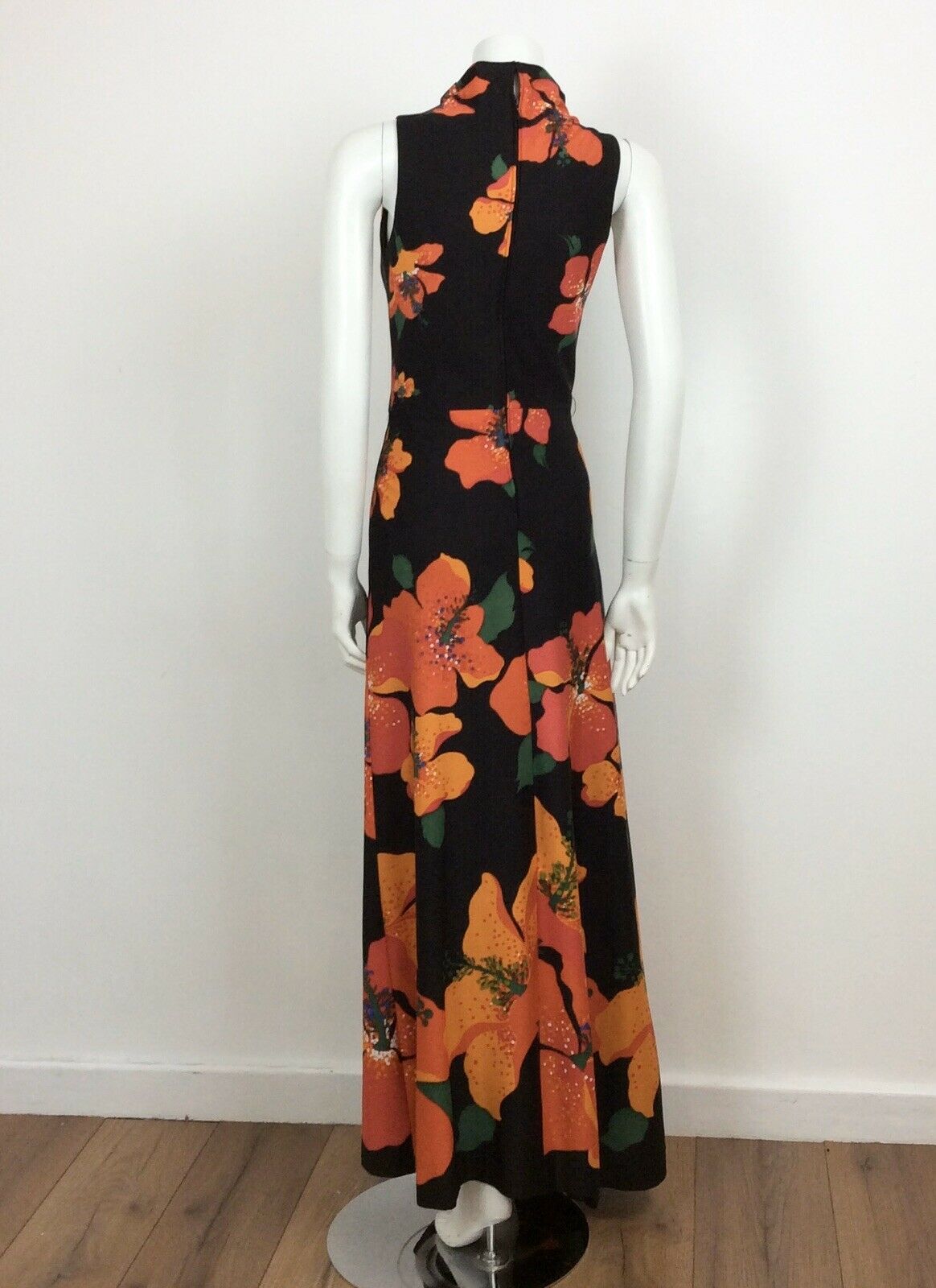 STUNNING VTG 60S 70S BLACK ORANGE RED PSYCHEDLIC FLOWER MAXI DRESS 10