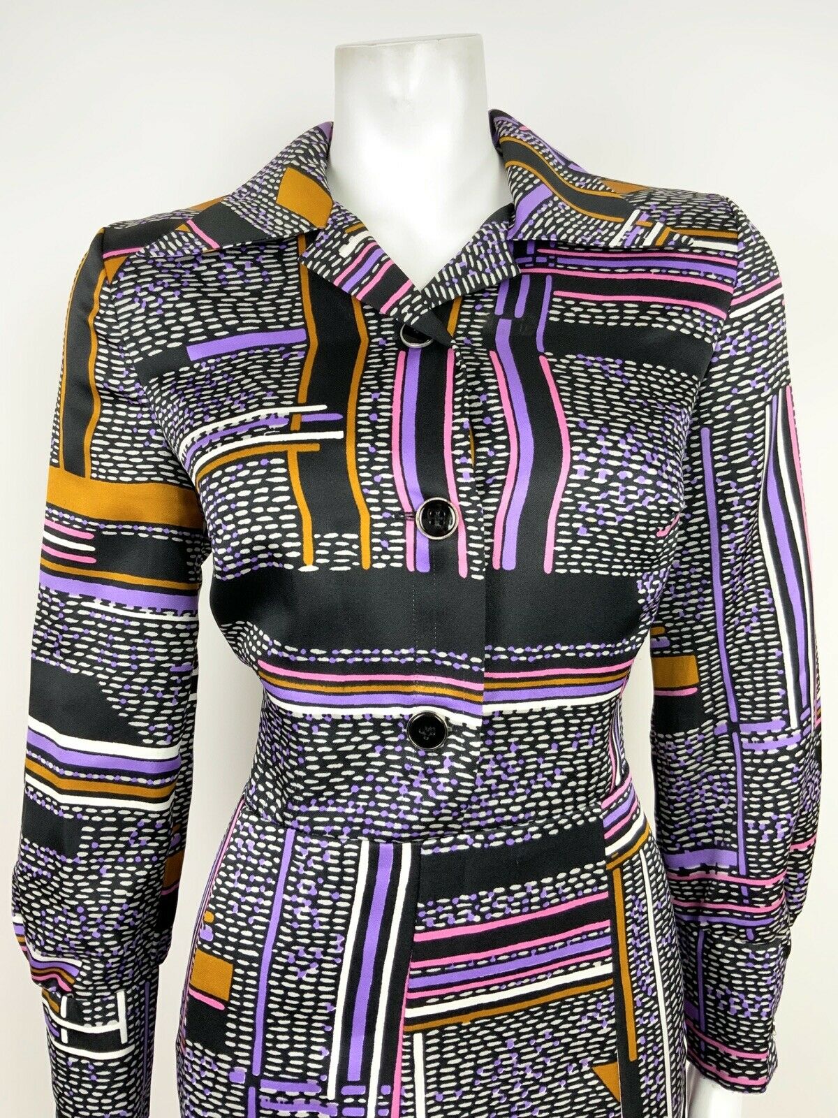 VTG 60s 70s MOD BLACK WHITE PURPLE PINK GOLD GEOMETRIC STRIPED SHIRT DRESS 14 16