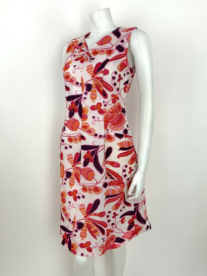 VINTAGE 60s 70s PSYCHEDELIC FLORAL SUMMER DRESS WHITE RED PINK PURPLE 10 12