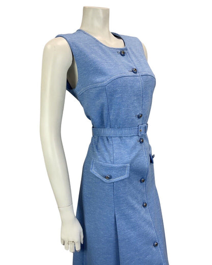 VINTAGE 60S 70S BLUE BUTTON DOWN MOD BELTED MIDI DRESS 10 12