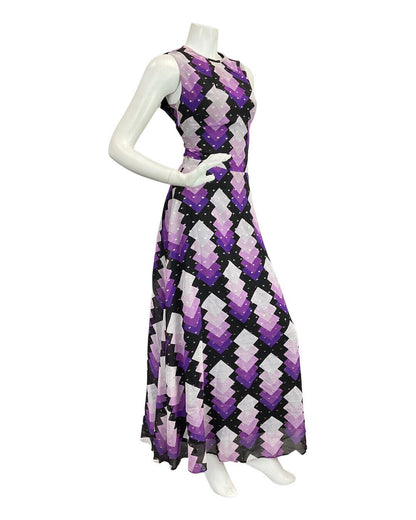 VINTAGE 60s 70s PURPLE BLACK SILVER DIAMOND GEOMETRIC MOD MAXI DRESS 10