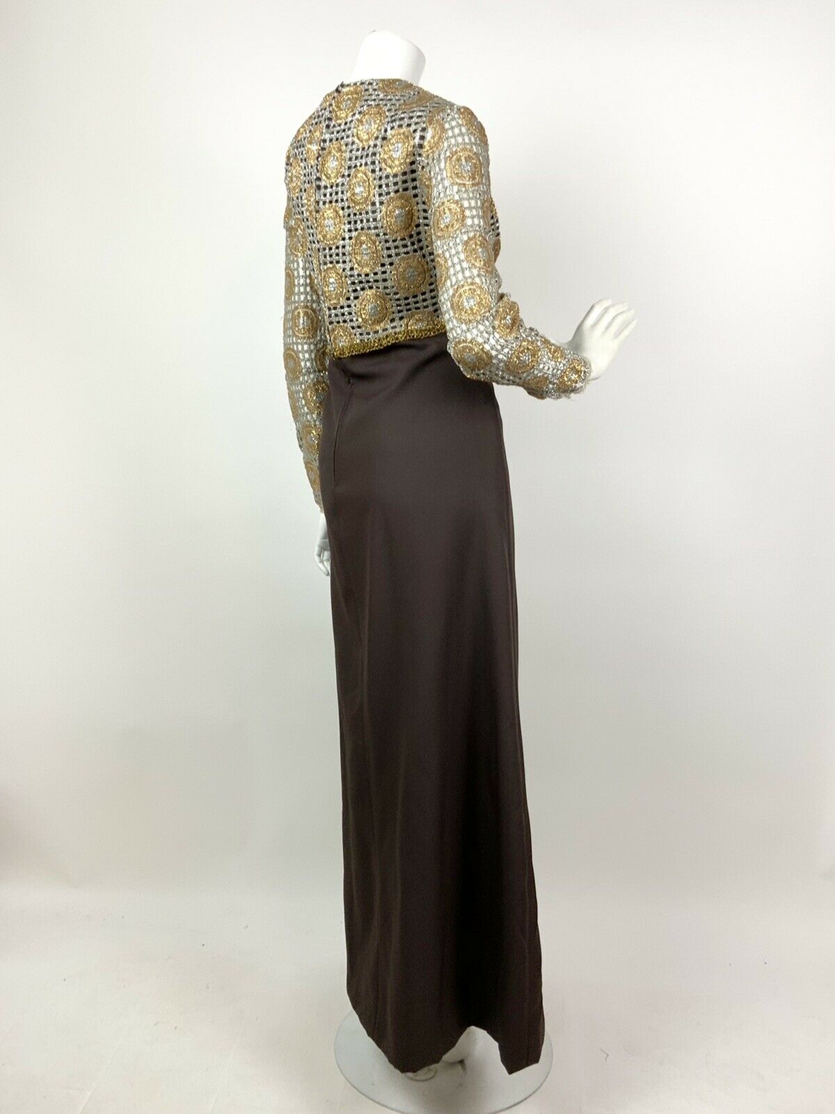 VINTAGE 60s 70s BROWN SILVER GOLD GEOMETRIC MESH PARTY DISCO MAXI DRESS 14 16