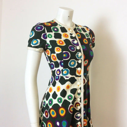 VINTAGE 60S LANVIN BUTTON FRONT OP ART ABSTRACT PRINT DRESS 6 8