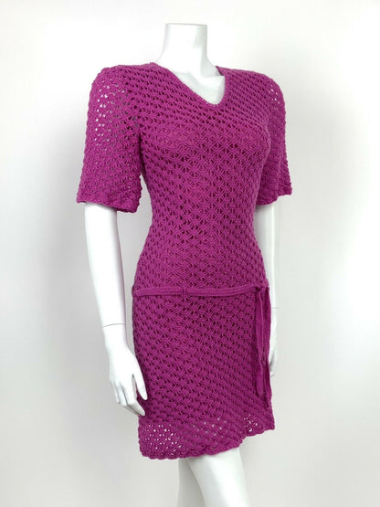 VINTAGE 60s 70s PINK PURPLE CROCHETED HIPPY DROP WAIST DRESS 8