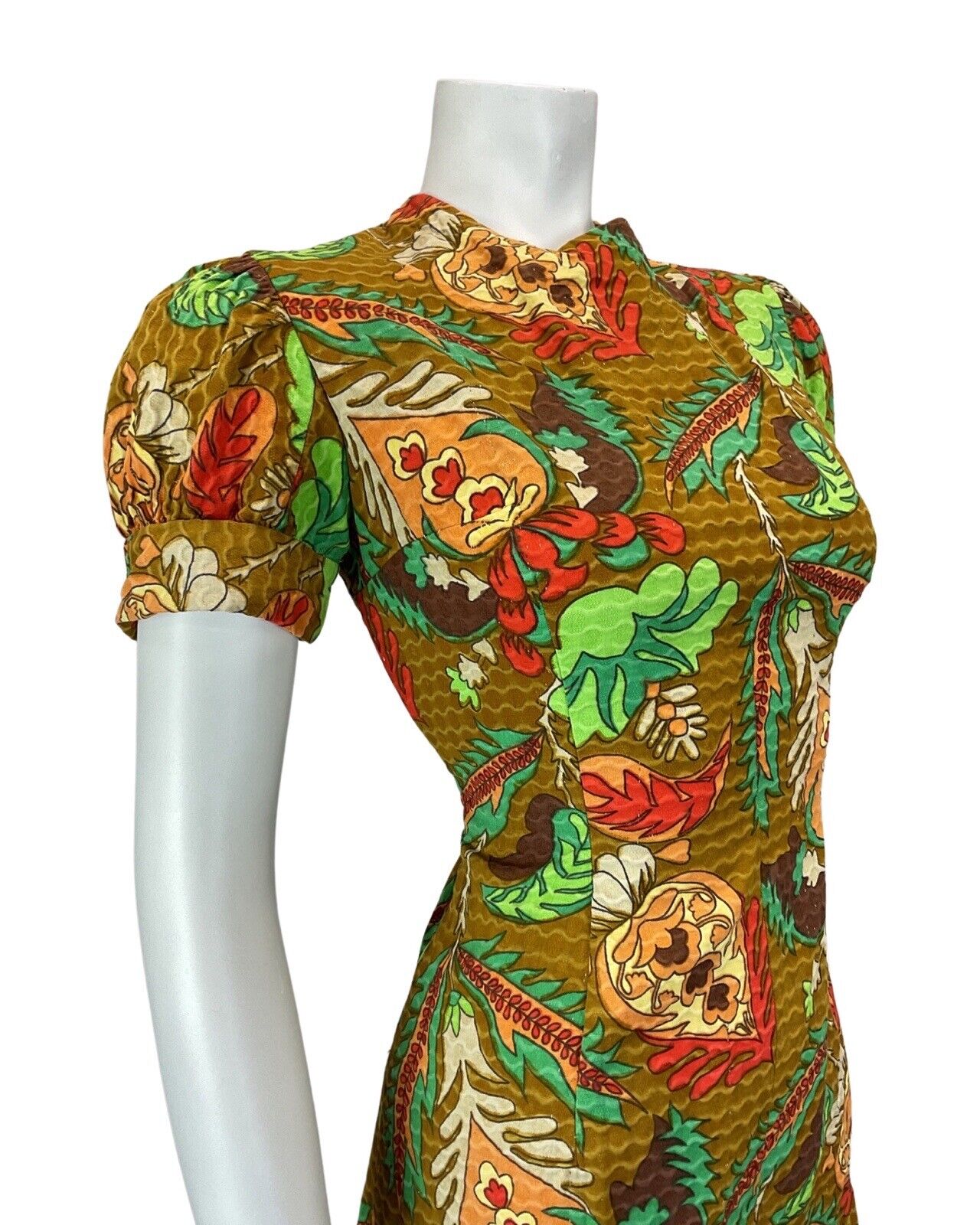 VINTAGE 60s 70s BROWN RED GREEN TROPICAL FLORAL MOD PUFF SLEEVE SHORT DRESS 10