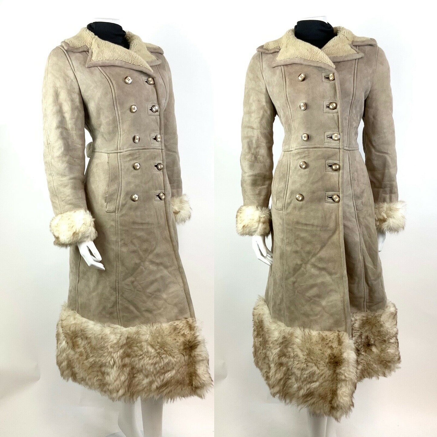 VINTAGE 60s 70s BEIGE CREAM DOUBLE-BREASTED SHEARLING PENNY LANE BOHO COAT 8 10