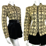 VTG 70s CREAM BLACK GOLD LUREX GEOMETRIC MOD ZIP-UP DAGGER SHIRT BLOUSE 14 16