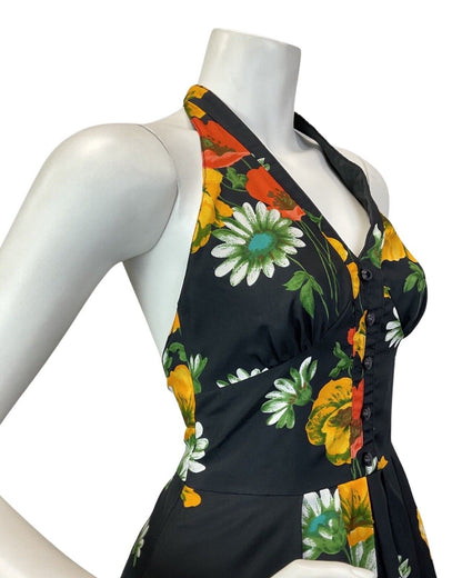 VINTAGE 60s 70s BLACK RED YELLOW POPPY DAISY FLOWER HALTER MAXI DRESS 4