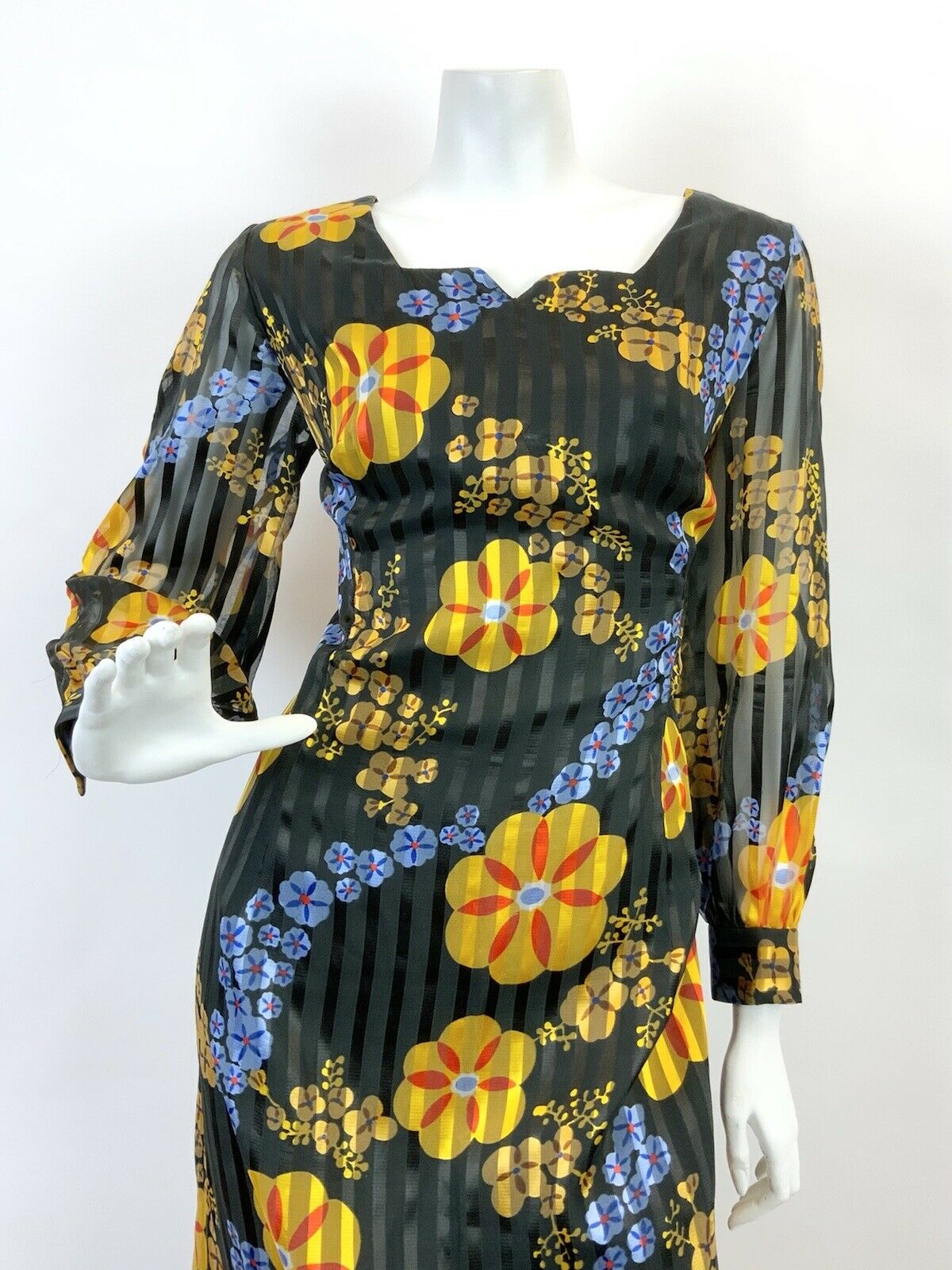 VTG 60s 70s BLACK BLUE YELLOW FLORAL PSYCHE STRIPED SHEER MOD MAXI DRESS 12 14