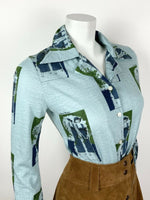 VTG 60s 70s DENIM BLUE GREEN ART DECO 20S FIGURE DOVE VINE DAGGER BLOUSE 10 12