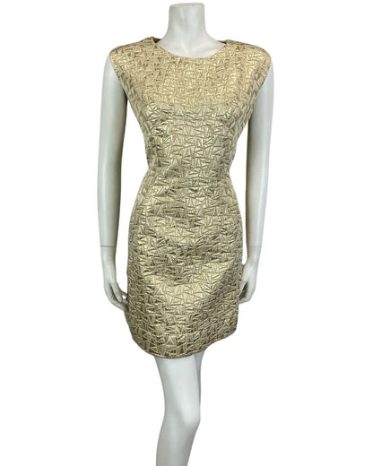 VINTAGE 60s 70s GOLD TEXTURED DISCO MOD MINI PARTY CHRISTMAS EVENING DRESS 12 14