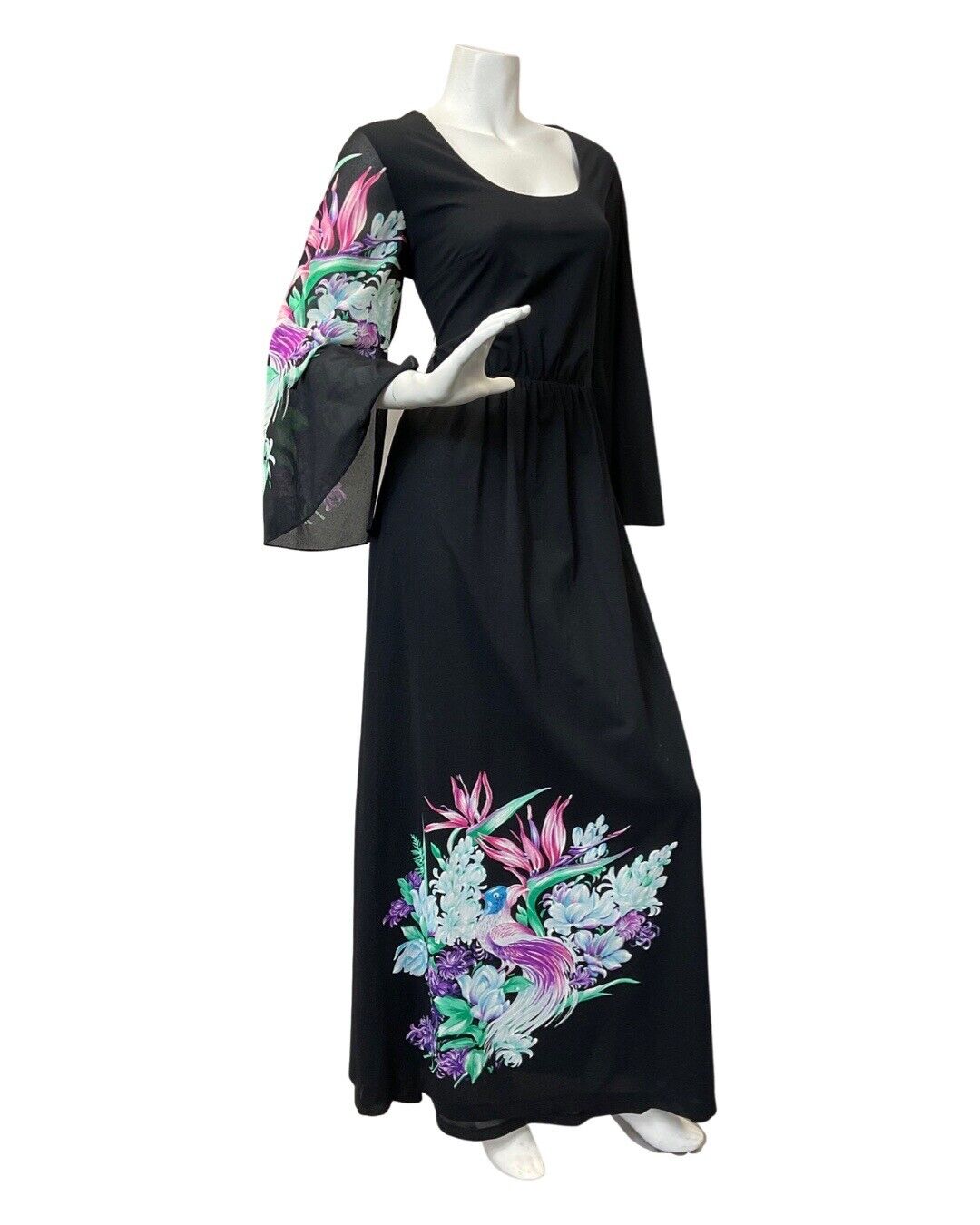 VINTAGE 60s 70s BLACK PURPLE GREEN FLORAL PARADISE BIRD SHEER MAXI DRESS 14