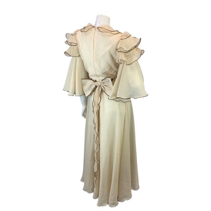 VINTAGE 60s 70s CREAM BROWN RUFFLED DAISY BOHO FOLK PRAIRIE WEDDING MAXI DRESS 8