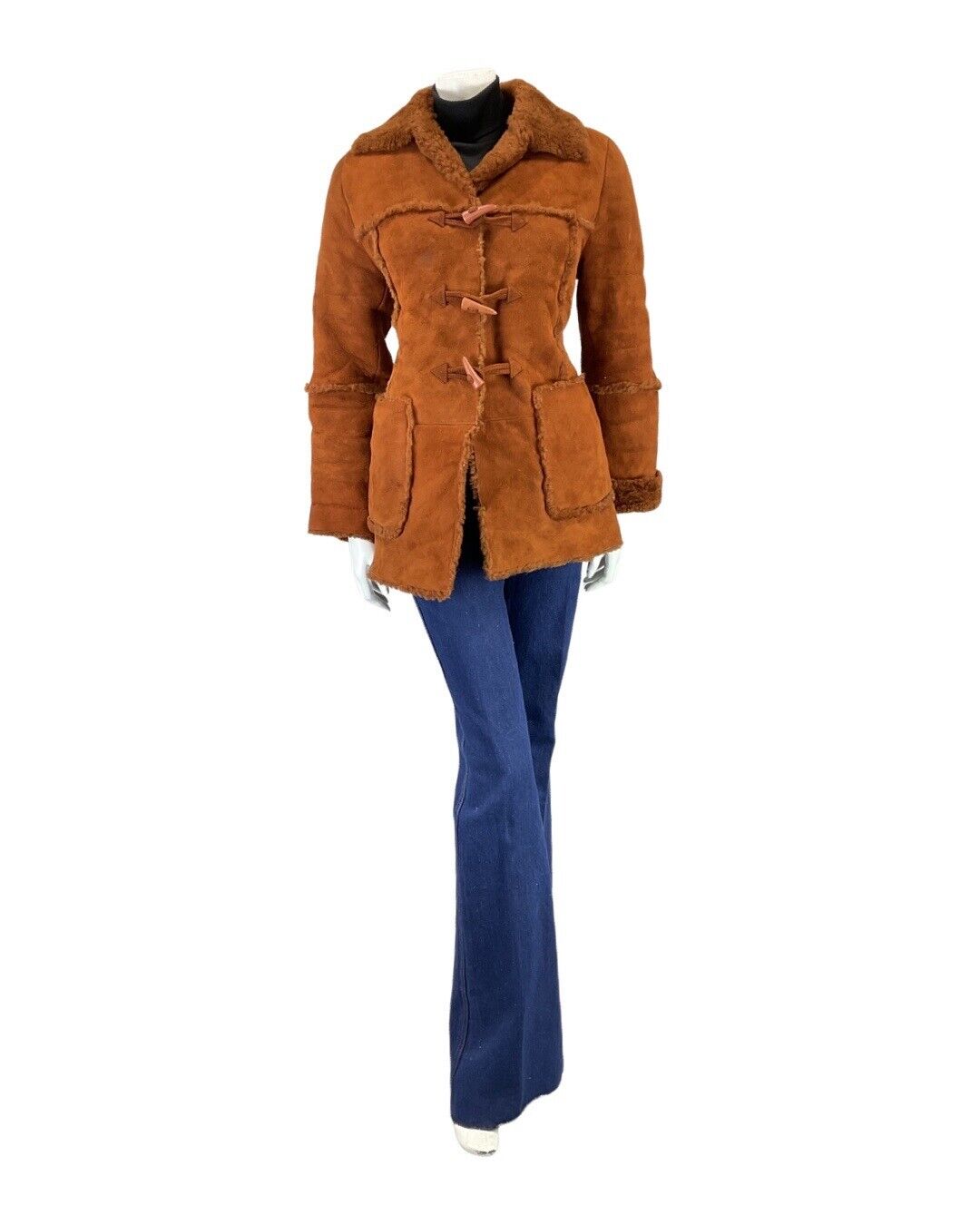 VINTAGE 60s 70s ORANGE RUST BROWN TOGGLE SHORT SHEEPSKIN SHEARLING COAT 10 12