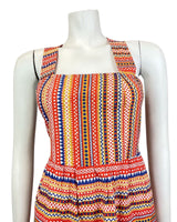 VINTAGE 60s 70s RED BLUE GOLD STRIPED GEOMETRIC DOTTY APRON SUMMER DRESS 6