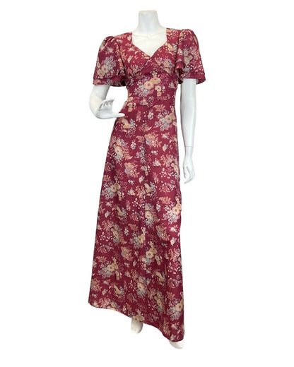 VINTAGE 60s 70s WINE RED CREAM BLUE FLORAL BOUQUET FLOATY MAXI DRESS 10