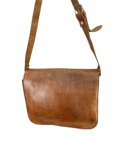 VINTAGE 60s 70s TAN BROWN WOODEN PEG BOHO LEATHER SHOULDER BAG