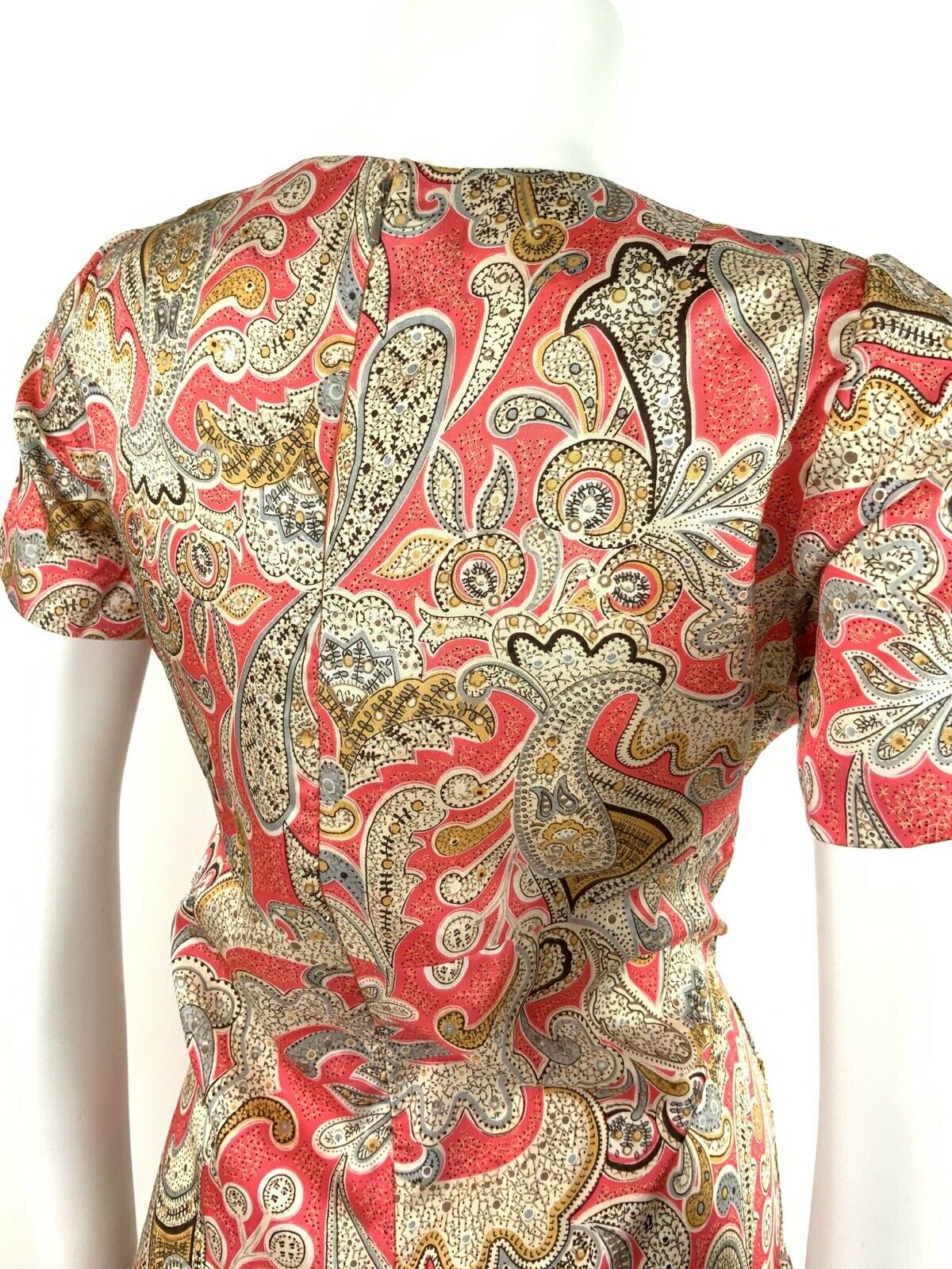 VTG 60s SUMMER DRESS PAISLEY FLORAL PINK SILVER CREAM GREY BROWN GOLD 12