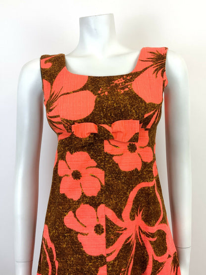 VINTAGE 60s 70s BROWN ORANGE FLORAL HAWAIIAN EMPIRE MOD SLEEVELESS DRESS 6 8