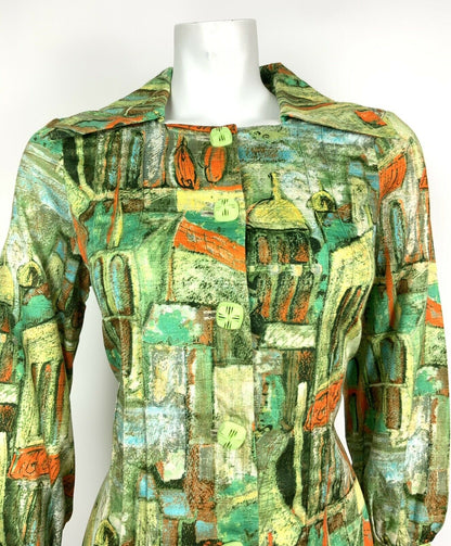 VINTAGE 60s 70s GREEN ORANGE BLUE ABSTRACT ARCH WING COLLAR SHIFT DRESS 14