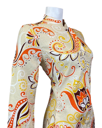 VTG 60s 70s CREAM ORANGE BROWN PSYCHEDELIC FLORAL BOHO MANDALA MIDI DRESS 12 14