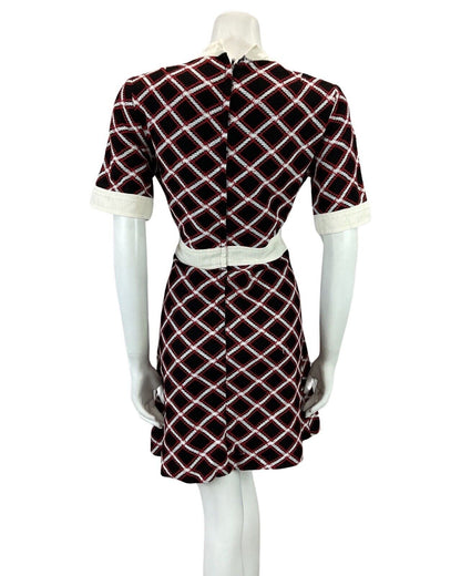 VINTAGE 60s 70s BLACK WHITE RED CHECKED WOOL MINI MOD BOHO DRESS 14