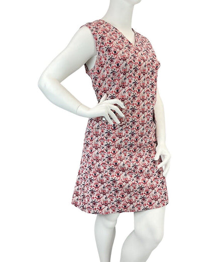 VTG 60s 70s CREAM RED BLUE GEOMETRIC MOD FLORAL LEAFY SLEEVELESS MOD DRESS 16