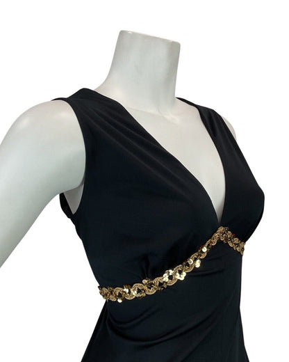 VINTAGE 60s 70s BLACK GOLD SEQUIN GLAM SLEEVELESS EVENING GOWN MAXI DRESS 10