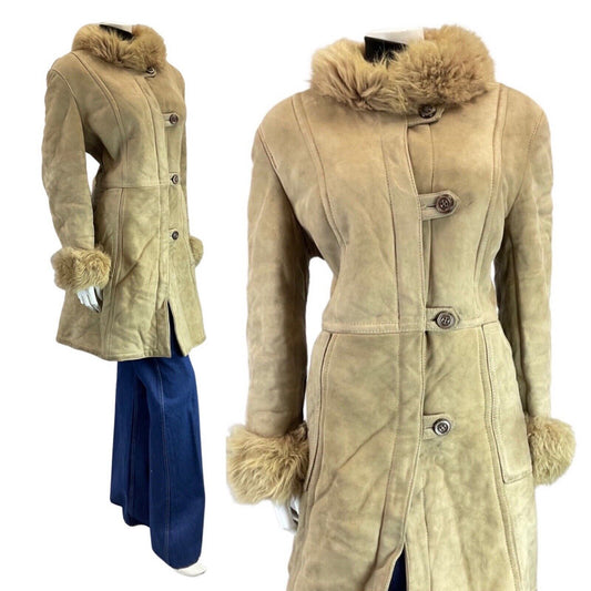 VINTAGE 60s 70s CREAM BOHO MOD PRINCESS SUEDE LEATHER SHEARLING COAT 14 16