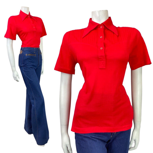 VINTAGE 60s 70s PILLARBOX RED MOD DAGGER COLLAR SHORT SLEEVE SHIRT 10 12