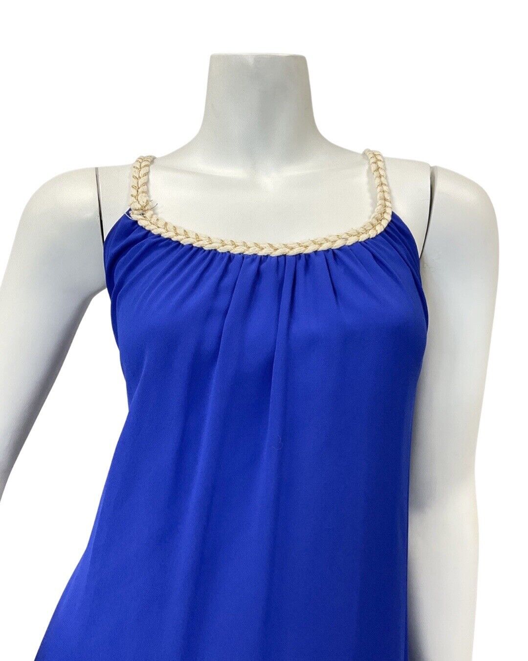 VINTAGE 60s 70s ROYAL BLUE CREAM GOLD BRAIDED STRAPPY SUMMER MAXI DRESS 14 16