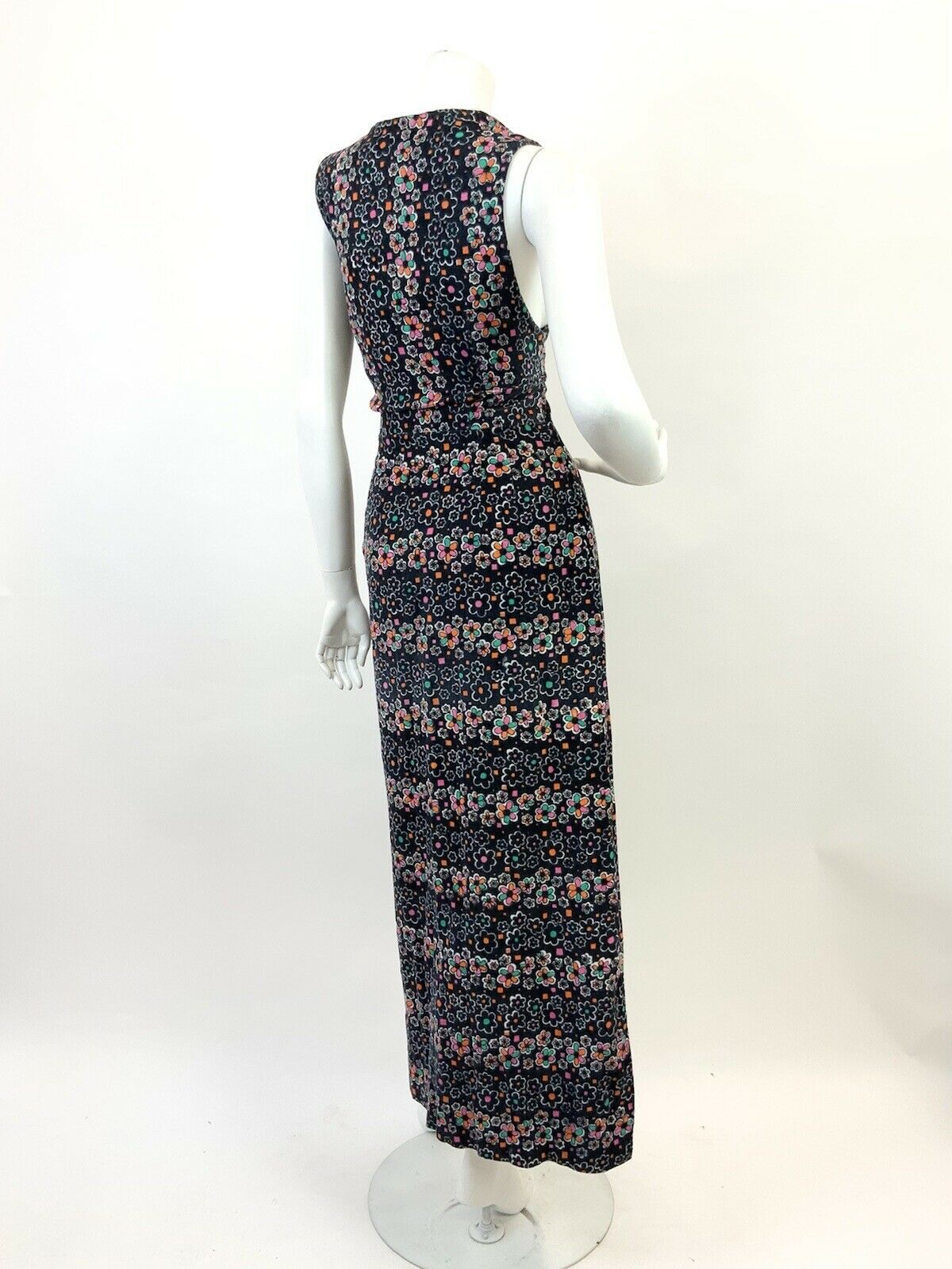 VTG 60s 70s BLACK PINK GREEN WHITE FLORAL DAISY CORDUROY PLUNGE MAXI DRESS 10 12