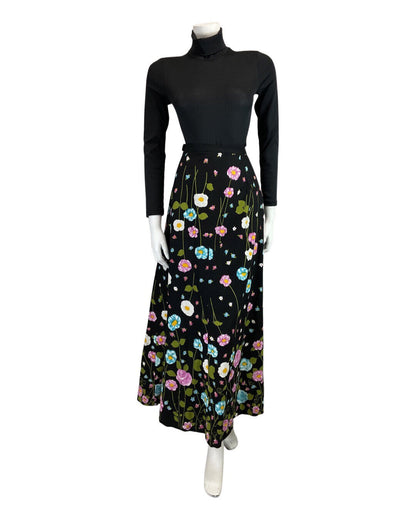 VINTAGE 60s 70s BLACK PINK BLUE FLORAL MOD DAISY ROSE MAXI SKIRT 8 10