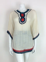 VTG 70s CREAM RED BLUE ORANGE PINK BOHO HIPPY ETHNIC CROCHET BLOUSE TOP 10 12 14