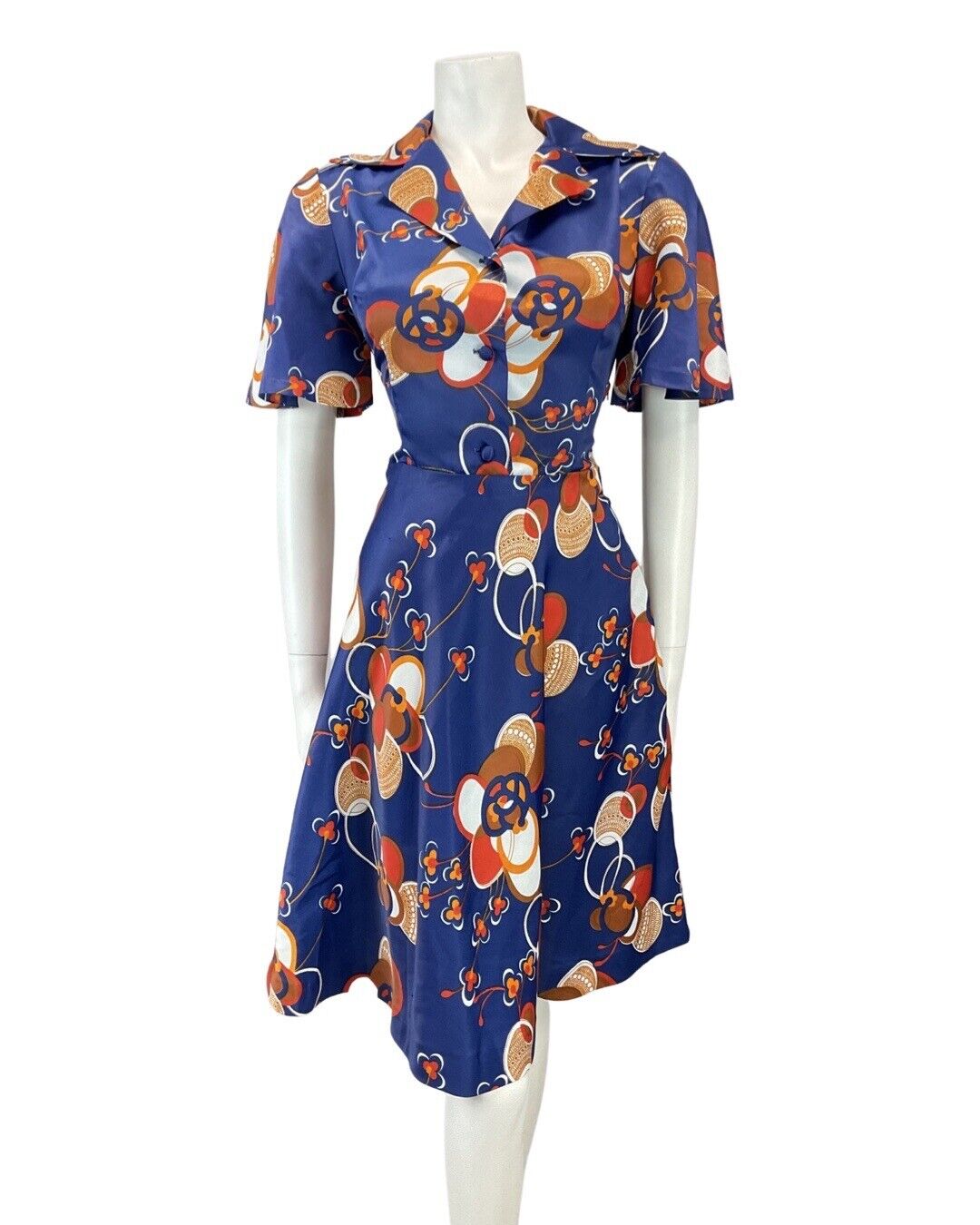 VINTAGE 60s 70s BLUE ORANGE RED ABSTRACT FLORAL MOD SWING SHIRT DRESS 8 10