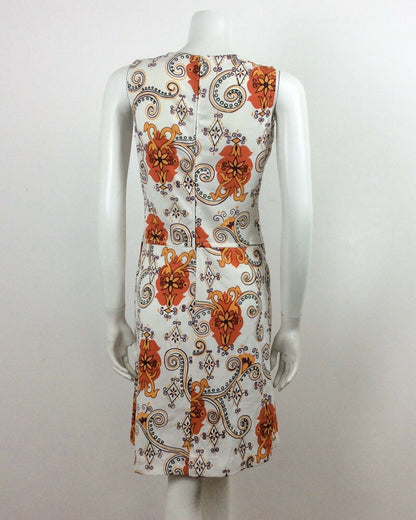 VINTAGE 60S WHITE ORANGE PURPLE YELLOW PAISLEY MINI DRESS 12