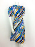 VTG 60s 70s BLUE YELLOW BLACK PURPLE STRIPE FLOWER DAISY DRESS 14